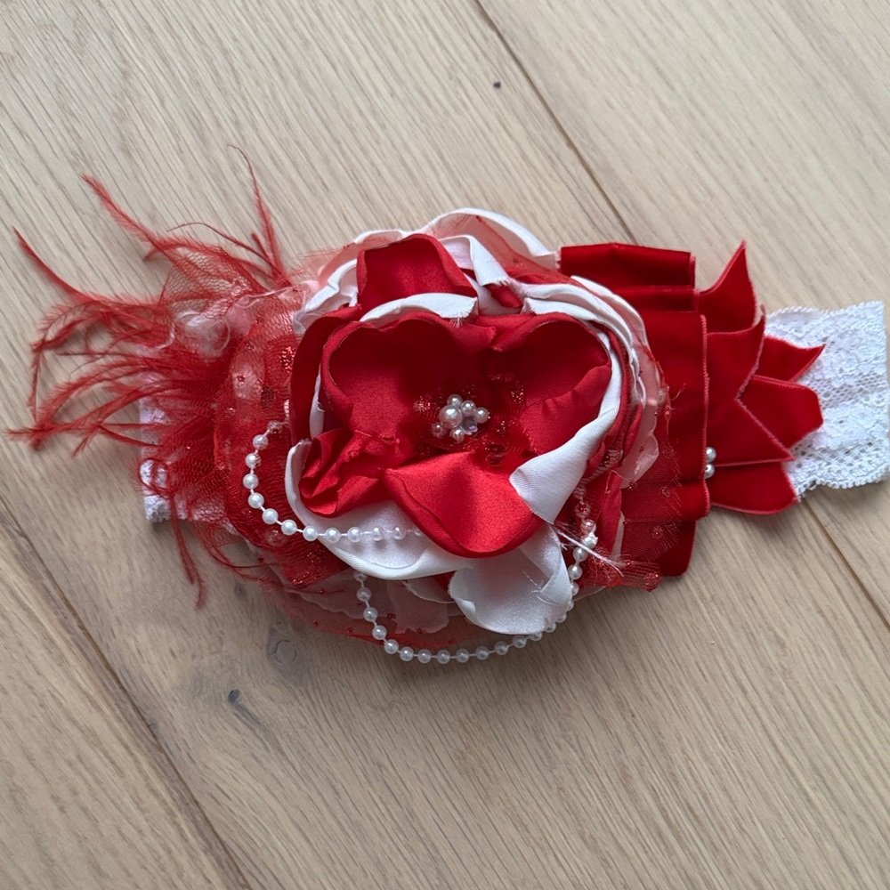 Red and White Satin Floral, Lace and Feather Handmade Kids Headband